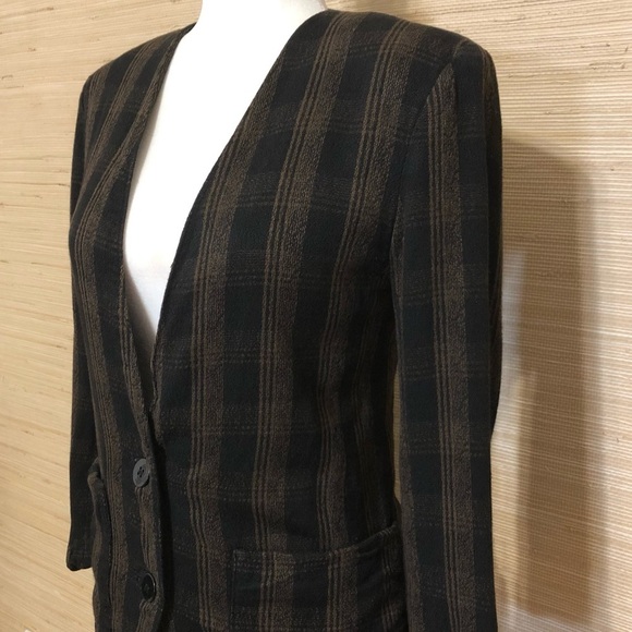 Haberdasher Brown Black Plaid Shoulder Pad Button Front Blazer Size 4 - Picture 2 of 9